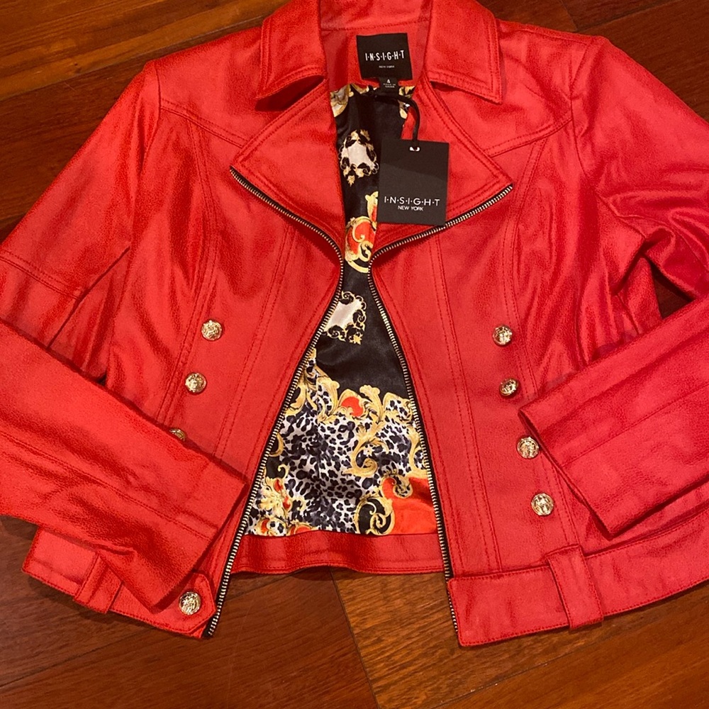 Red faux leather elegant biker jacket! Beautifully tailored! Gold button!